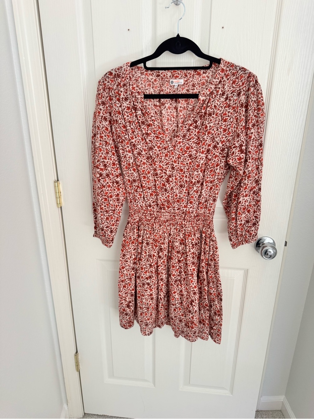 Sundry Red Floral V-Neck Smocked Waist Mini Dress